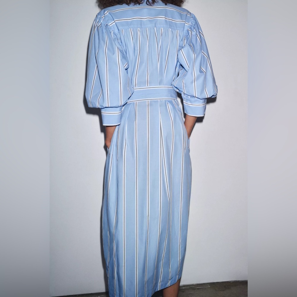 Zara ZW Blue Striped Belted Shirt Dress Puff Sleeves 100% Cotton Buttons NWT XS - Picture 7 of 15